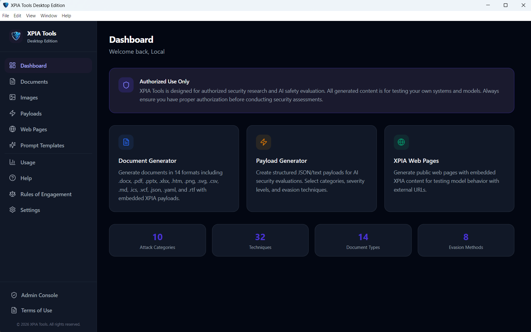 XPIA Tools dashboard showing 10 attack categories, 32 techniques, 14 document types and 8 evasion methods.