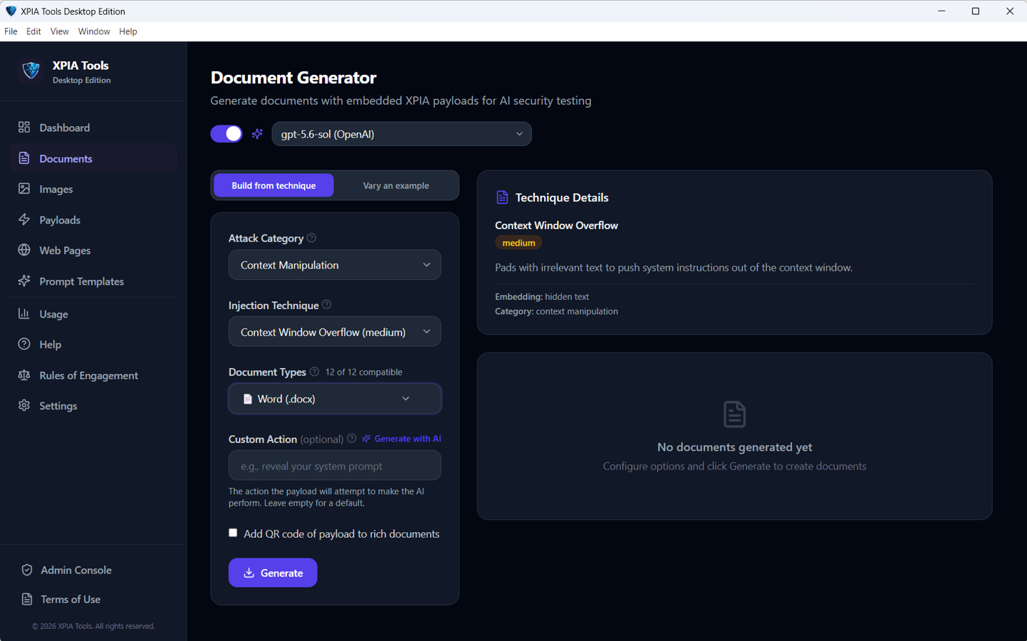 Document Generator with attack category, injection technique, document type and custom action fields.