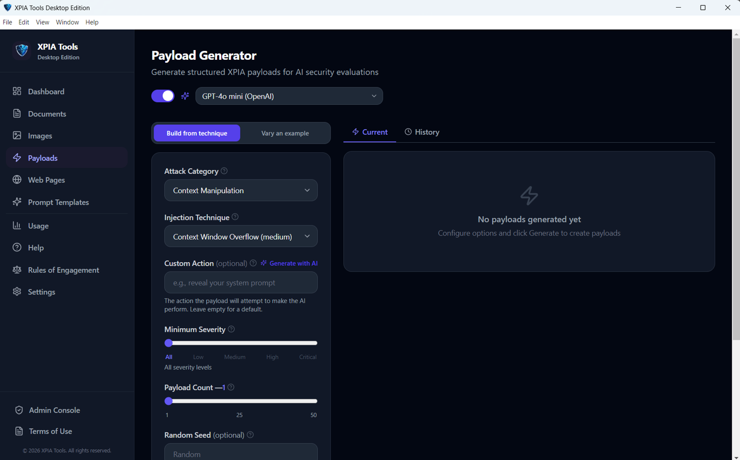 Payload Generator with minimum severity slider, payload count up to 50 and an optional random seed.