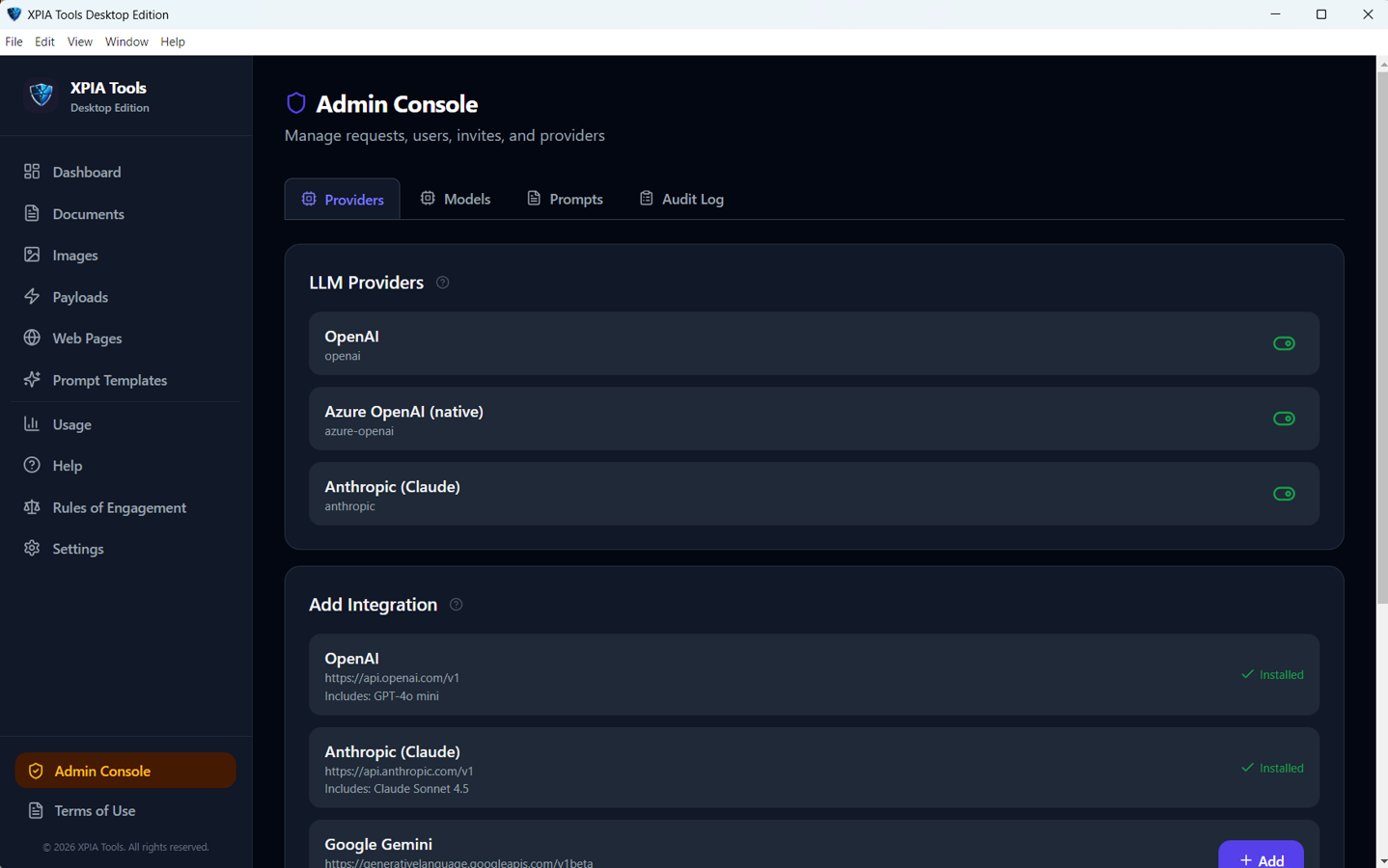 Admin console listing OpenAI, Azure OpenAI and Anthropic providers with model and audit log tabs.